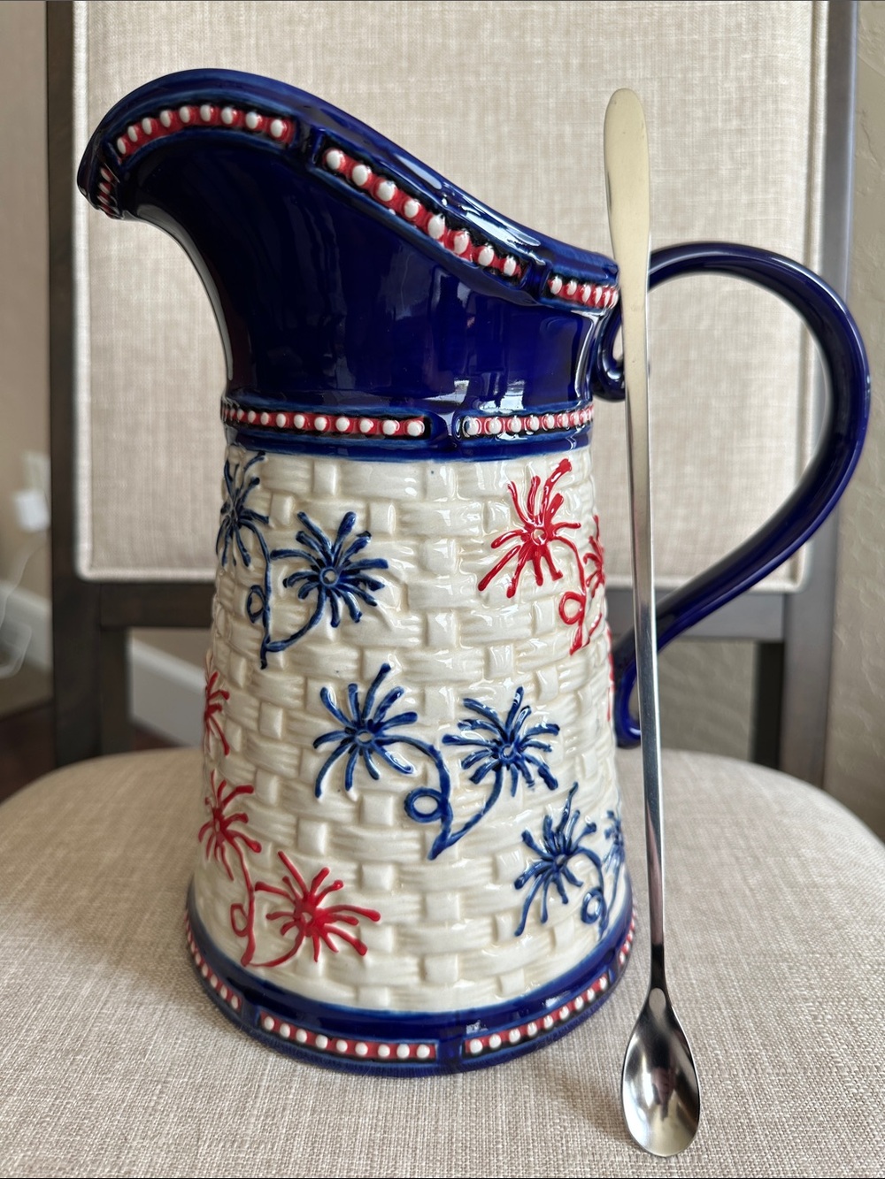 Temp-Tations by Tara Patriotic Ceramic Pitcher with Red & Blue Firework 2QT